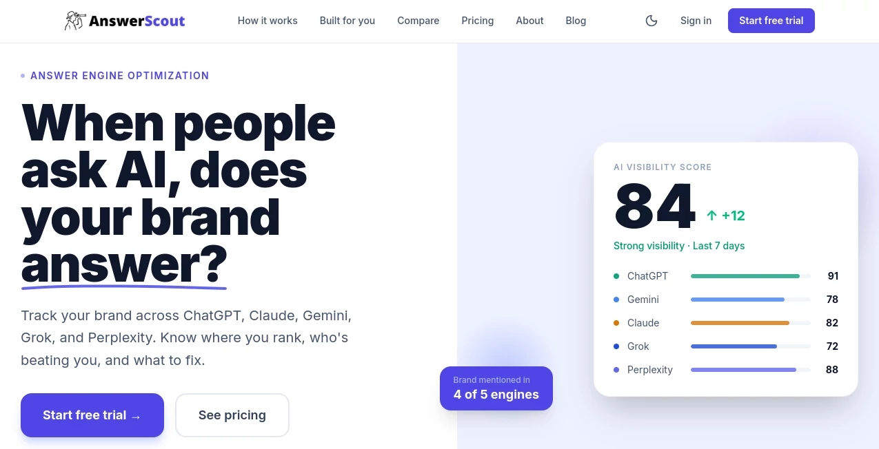 Screenshot of AnswerScout – An AI tool in the ,AI SEO Assistant ,AI Marketing Plan Generator ,AI Research Tool ,AI Analytics Assistant  category, showcasing its interface and key features.