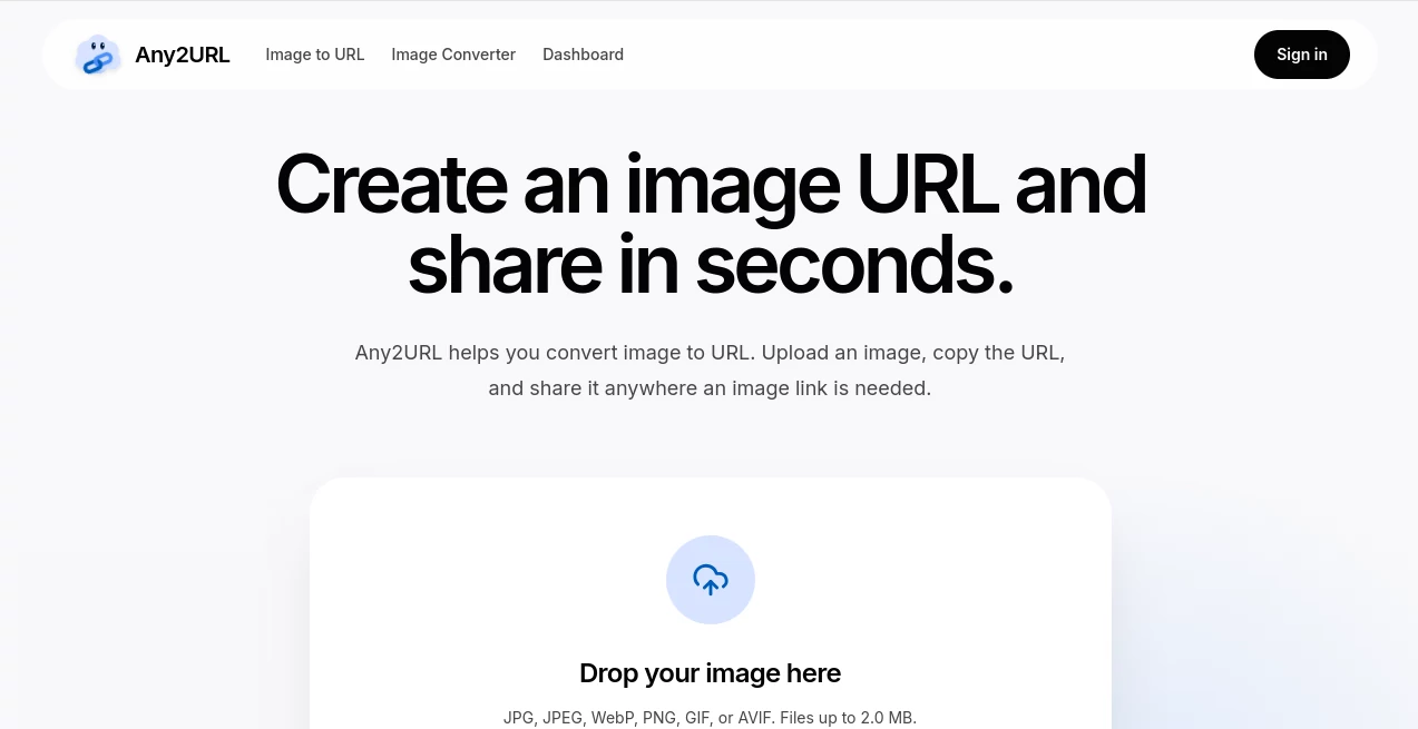 Screenshot of Any2URL – An AI tool in the ,Other  category, showcasing its interface and key features.