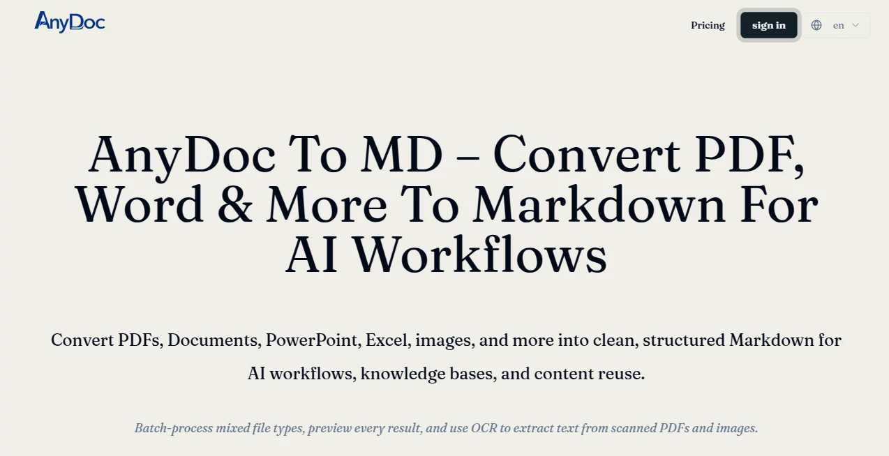 Screenshot of AnyDoc – An AI tool in the ,AI Document Extraction ,AI PDF ,AI Documents Assistant ,AI Files Assistant  category, showcasing its interface and key features.