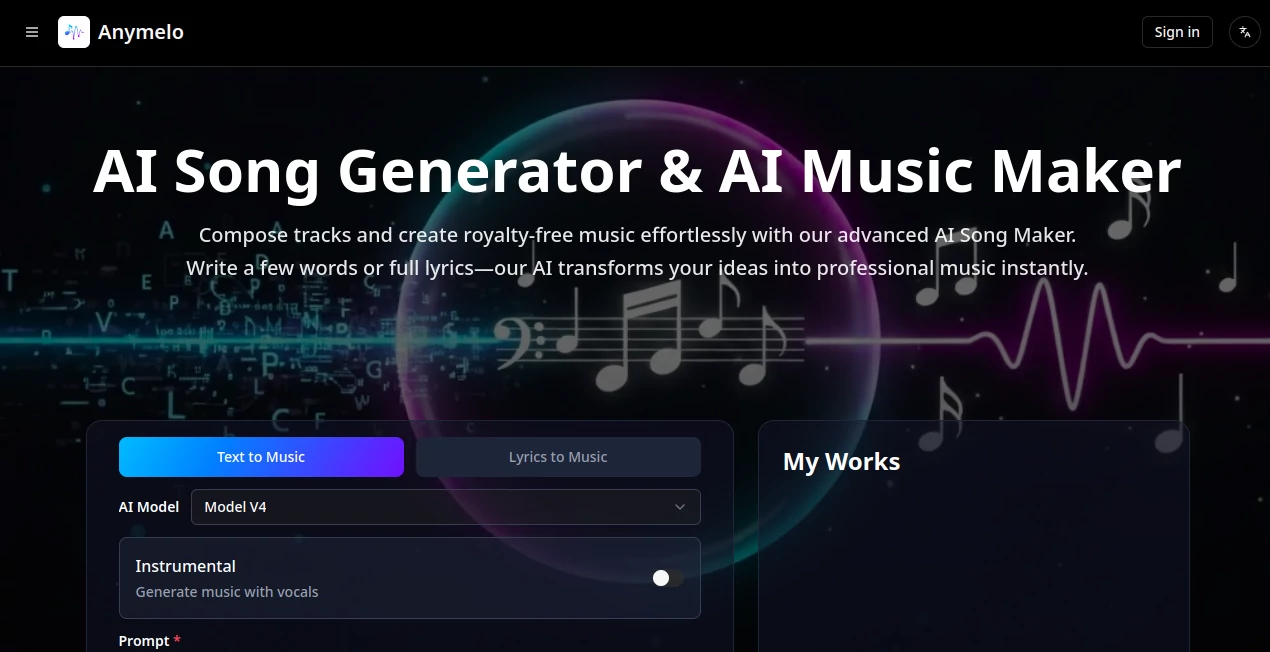Screenshot of Anymelo – An AI tool in the ,AI Lyrics Generator ,AI Music Generator ,AI Voice Changer ,AI Text to Music  category, showcasing its interface and key features.