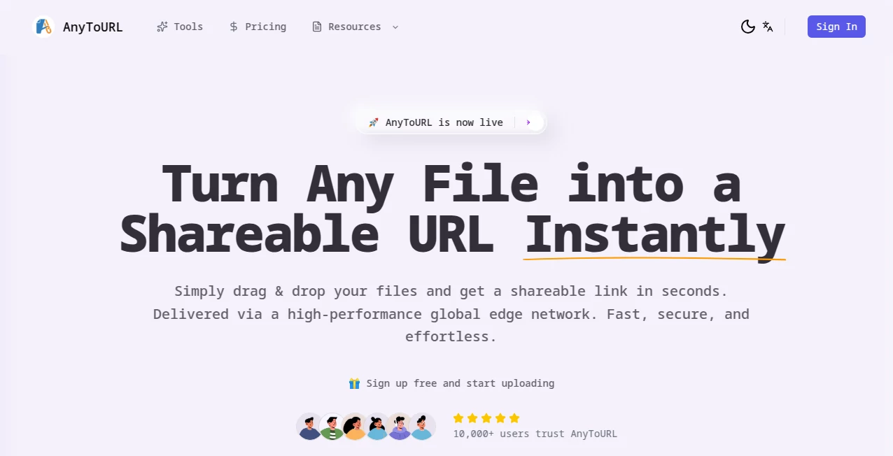 Screenshot of AnyToURL – An AI tool in the ,AI Productivity Tools ,AI Files Assistant  category, showcasing its interface and key features.