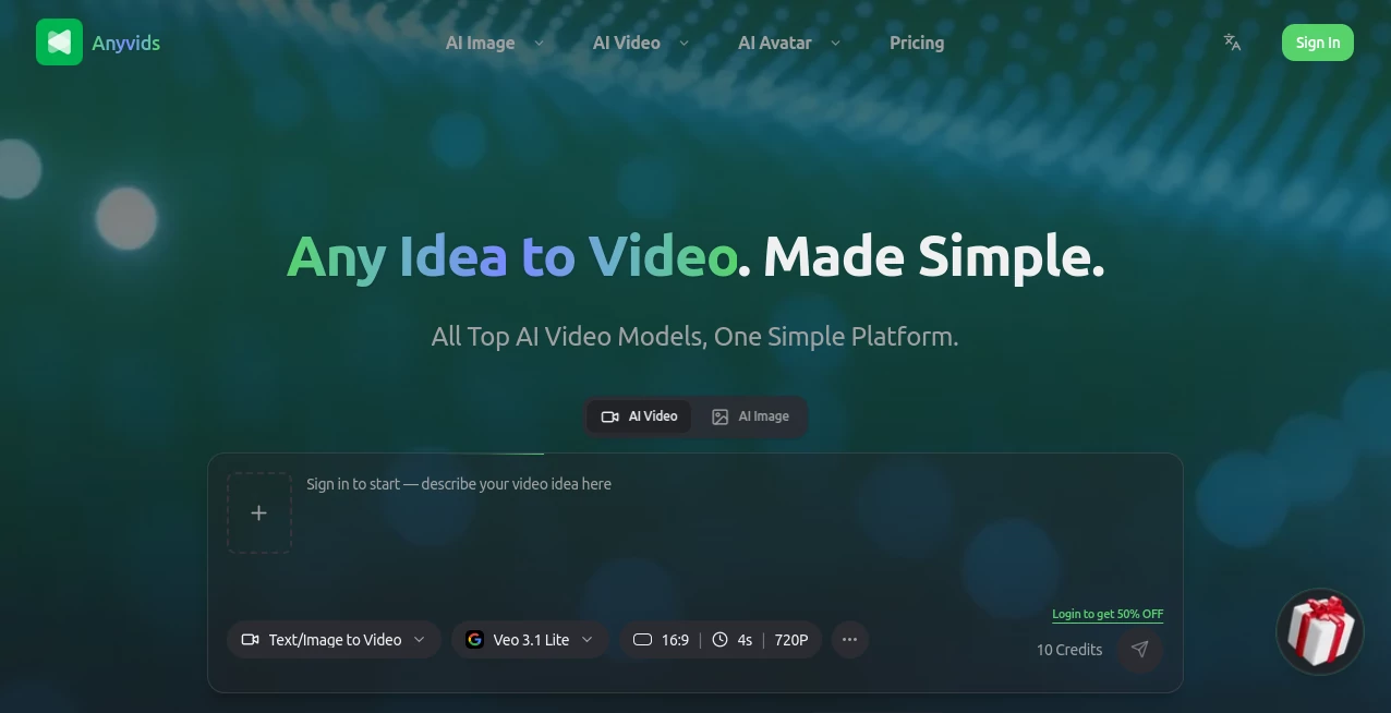 Screenshot of Anyvids – An AI tool in the ,AI Photo & Image Generator ,AI Image to Video ,AI Video Generator ,AI Text to Video  category, showcasing its interface and key features.