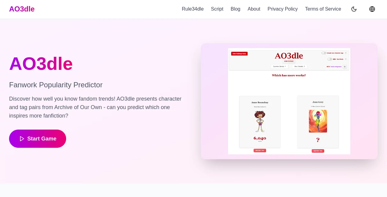 Screenshot of ao3dle – An AI tool in the ,AI Fun Tools ,AI Game ,AI Quizzes  category, showcasing its interface and key features.