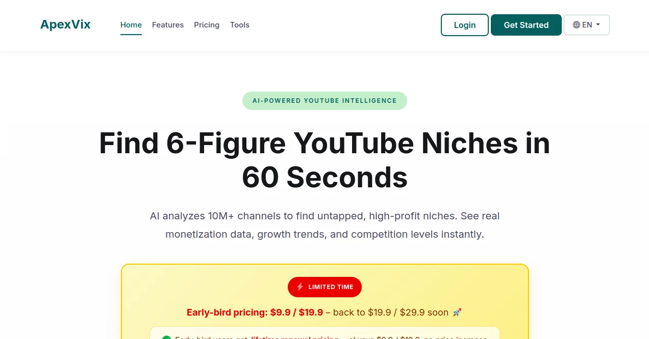 Screenshot of ApexVix – An AI tool in the ,AI Marketing Plan Generator ,AI Research Tool ,AI Analytics Assistant ,AI YouTube Assistant  category, showcasing its interface and key features.