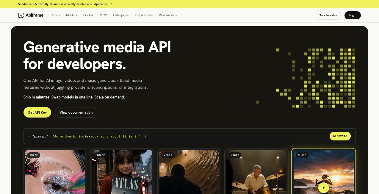 Screenshot of Apiframe – An AI tool in the ,AI Photo & Image Generator ,AI Video Generator ,AI Music Generator ,AI Developer Tools  category, showcasing its interface and key features.