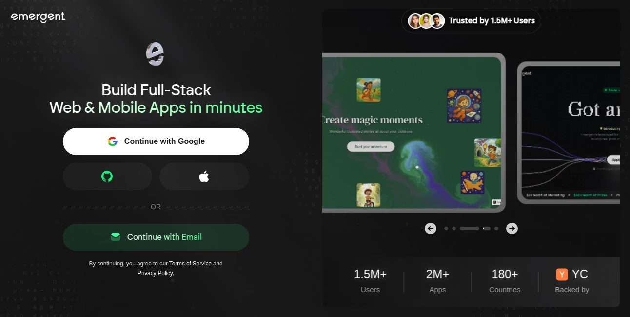 Screenshot of Emergent – An AI tool in the ,AI Workflow Management ,AI App Builder ,AI No-Code & Low-Code ,AI Developer Tools  category, showcasing its interface and key features.