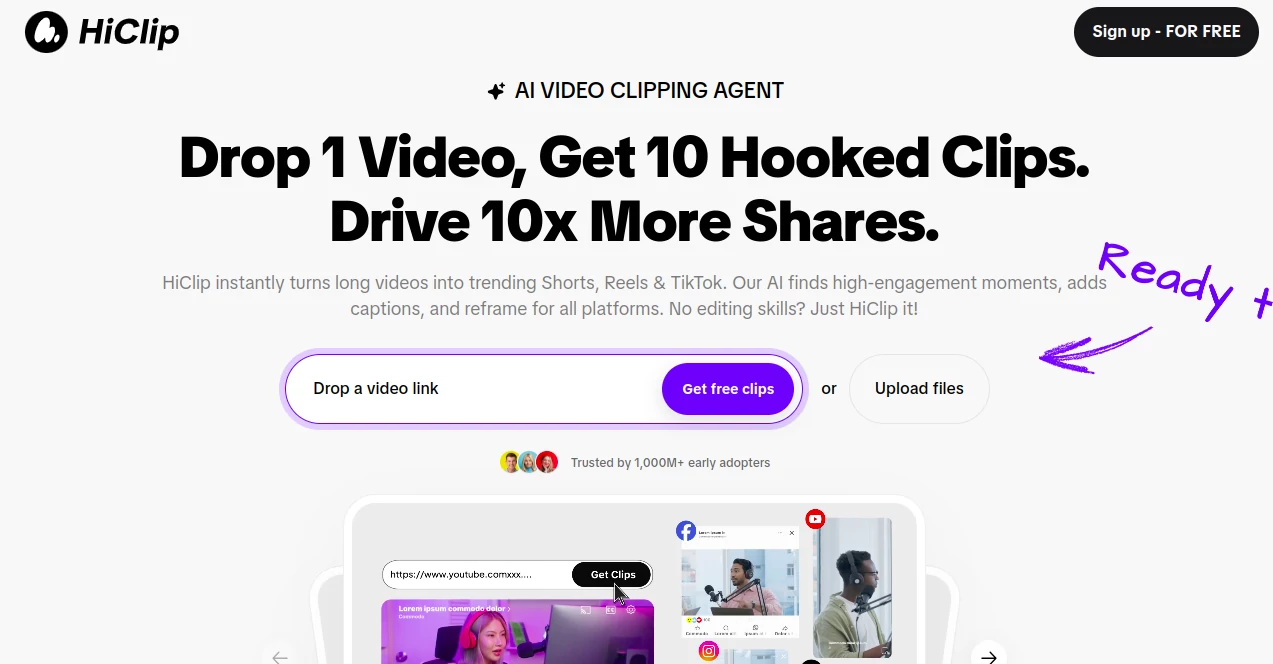 Screenshot of Hi Clip – An AI tool in the ,AI Video to Video ,AI Video Editor ,AI Short Clips Generator ,AI Captions or Subtitle  category, showcasing its interface and key features.
