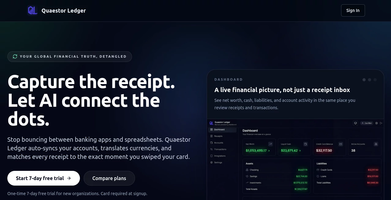 Screenshot of Quaestor Ledger – An AI tool in the ,AI Accounting Assistant ,AI Business Ideas Generator ,AI Investing Assistant ,AI Blockchain  category, showcasing its interface and key features.