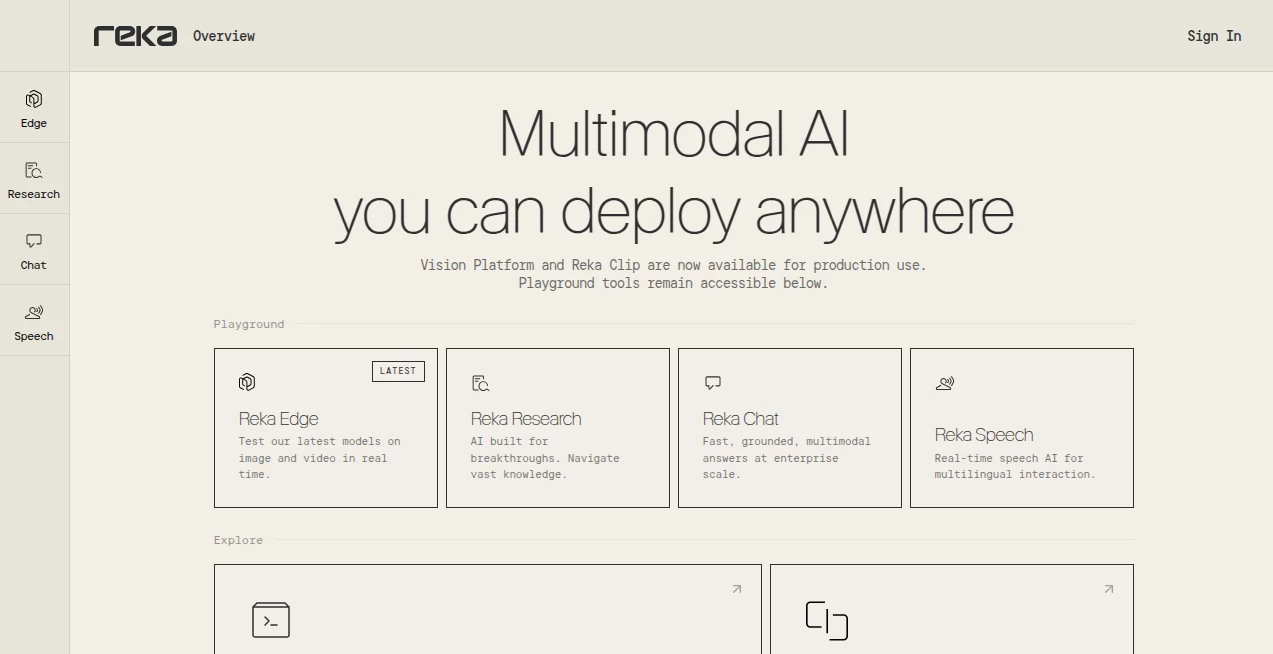 Screenshot of Reka AI – An AI tool in the ,AI Developer Tools ,AI Research Tool ,AI Chatbot ,Large Language Models (LLMs)  category, showcasing its interface and key features.