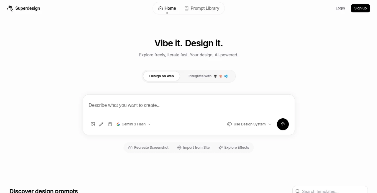 Screenshot of Superdesign – An AI tool in the ,AI Landing Page Builder ,AI Graphic Design ,AI Design Assistant ,AI Website Designer  category, showcasing its interface and key features.