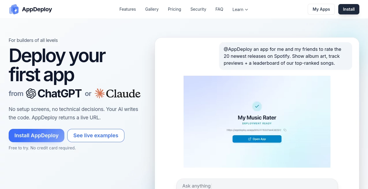 Screenshot of AppDeploy – An AI tool in the ,AI No-Code & Low-Code ,AI Developer Tools ,AI App Builder ,AI Workflow Management  category, showcasing its interface and key features.