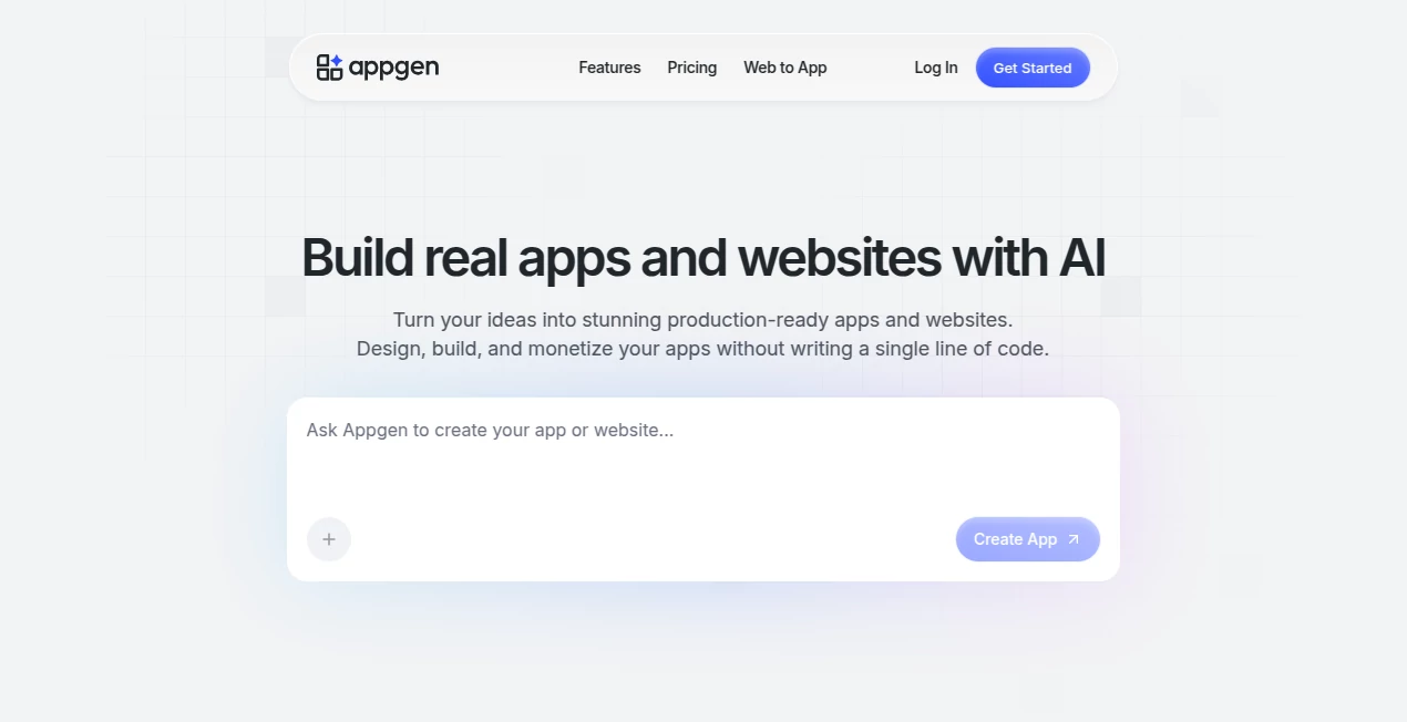 Screenshot of AppGen – An AI tool in the ,AI Workflow Management ,AI App Builder ,AI No-Code & Low-Code ,AI Developer Tools  category, showcasing its interface and key features.