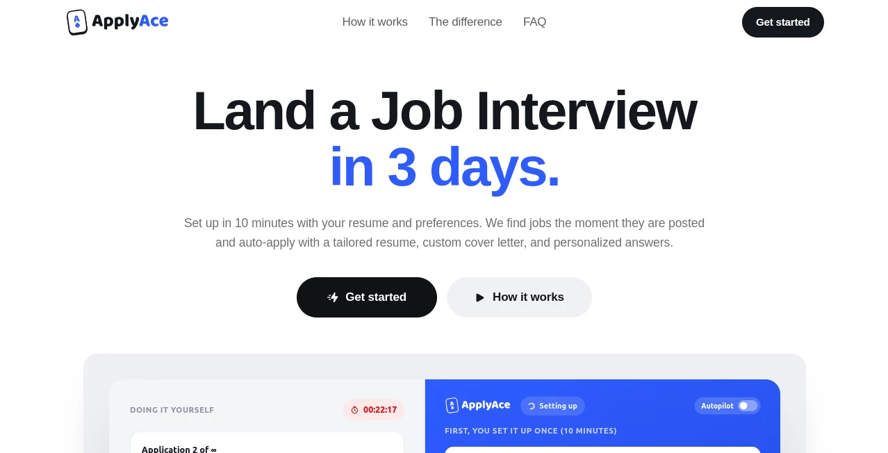 Screenshot of ApplyAce – An AI tool in the ,AI Writing Assistants ,AI Resume Builder ,AI Cover Letter Generator ,AI Education Assistant  category, showcasing its interface and key features.