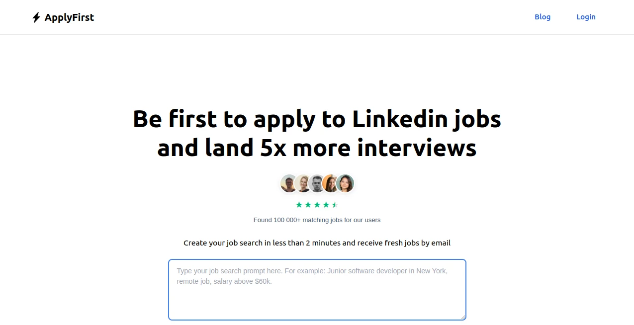 Screenshot of ApplyFirst – An AI tool in the ,AI Interview Assistant ,AI Recruiting ,AI Resume Builder ,AI Cover Letter Generator  category, showcasing its interface and key features.