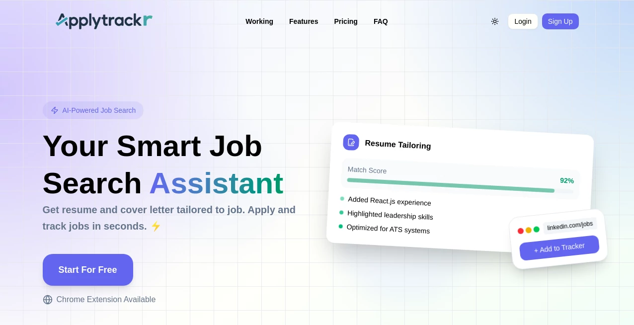 Screenshot of Applytrackr – An AI tool in the ,AI Life Assistant ,Other  category, showcasing its interface and key features.
