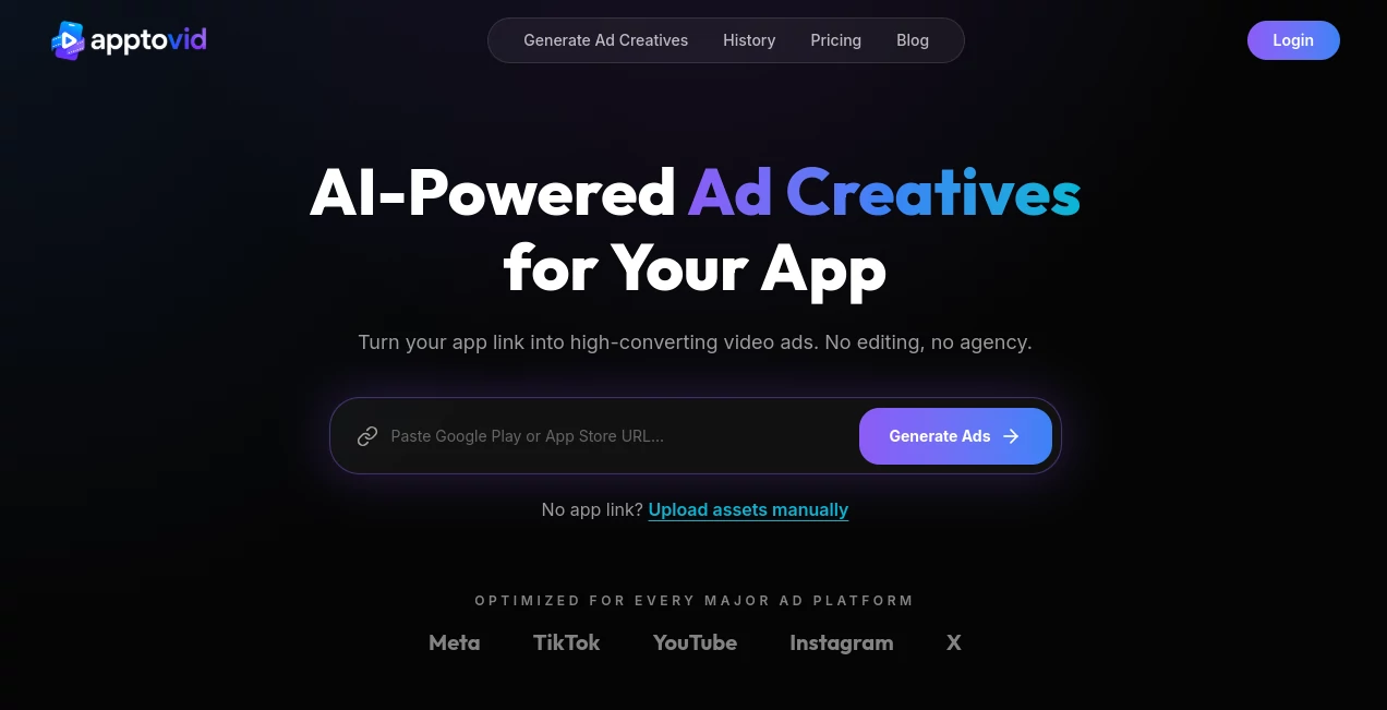 Screenshot of Apptovid – An AI tool in the ,AI Ad Creative Assistant ,AI Ad Generator ,AI Video Generator ,Marketing  category, showcasing its interface and key features.