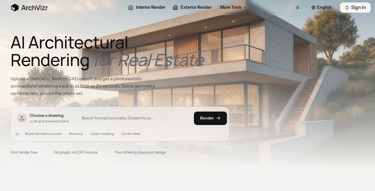 Screenshot of ArchVizr – An AI tool in the ,AI Photo & Image Generator ,AI Photography ,AI Image to Image ,AI Interior & Room Design  category, showcasing its interface and key features.