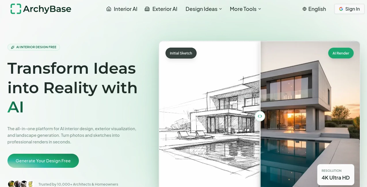 Screenshot of ArchyBase – An AI tool in the ,AI Landscape Generator ,AI Design Generator ,AI Interior & Room Design  category, showcasing its interface and key features.