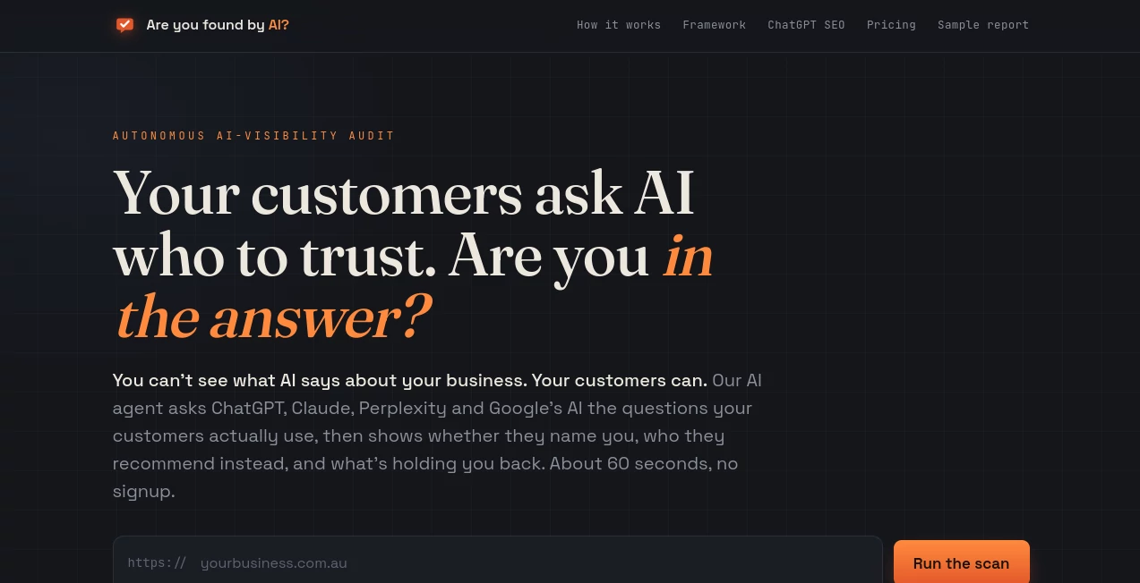 Screenshot of Are you found by AI? – An AI tool in the ,AI Research Tool ,AI Analytics Assistant ,AI SEO Assistant ,AI Digital Marketing Generator  category, showcasing its interface and key features.