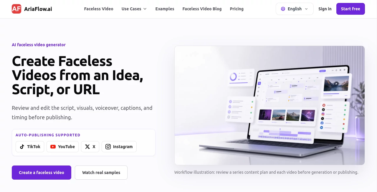 Screenshot of AriaFlow.ai – An AI tool in the ,AI Video Generator ,AI Video Editor ,AI Social Media Assistant ,AI Text to Video  category, showcasing its interface and key features.