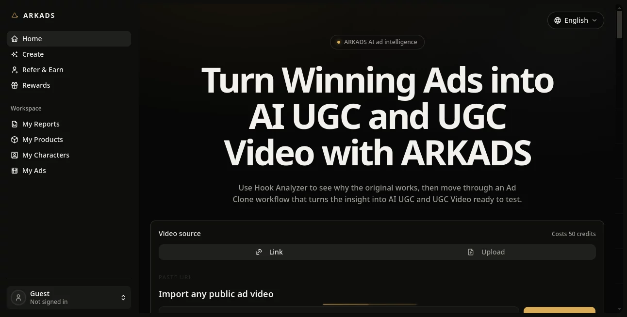 Screenshot of ARKADS – An AI tool in the ,AI Ad Creative Assistant ,AI Video Generator ,AI Advertising Assistant ,AI UGC Video Generator  category, showcasing its interface and key features.