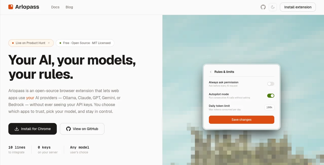 Screenshot of Arlopass – An AI tool in the ,AI API Design ,AI Developer Tools  category, showcasing its interface and key features.