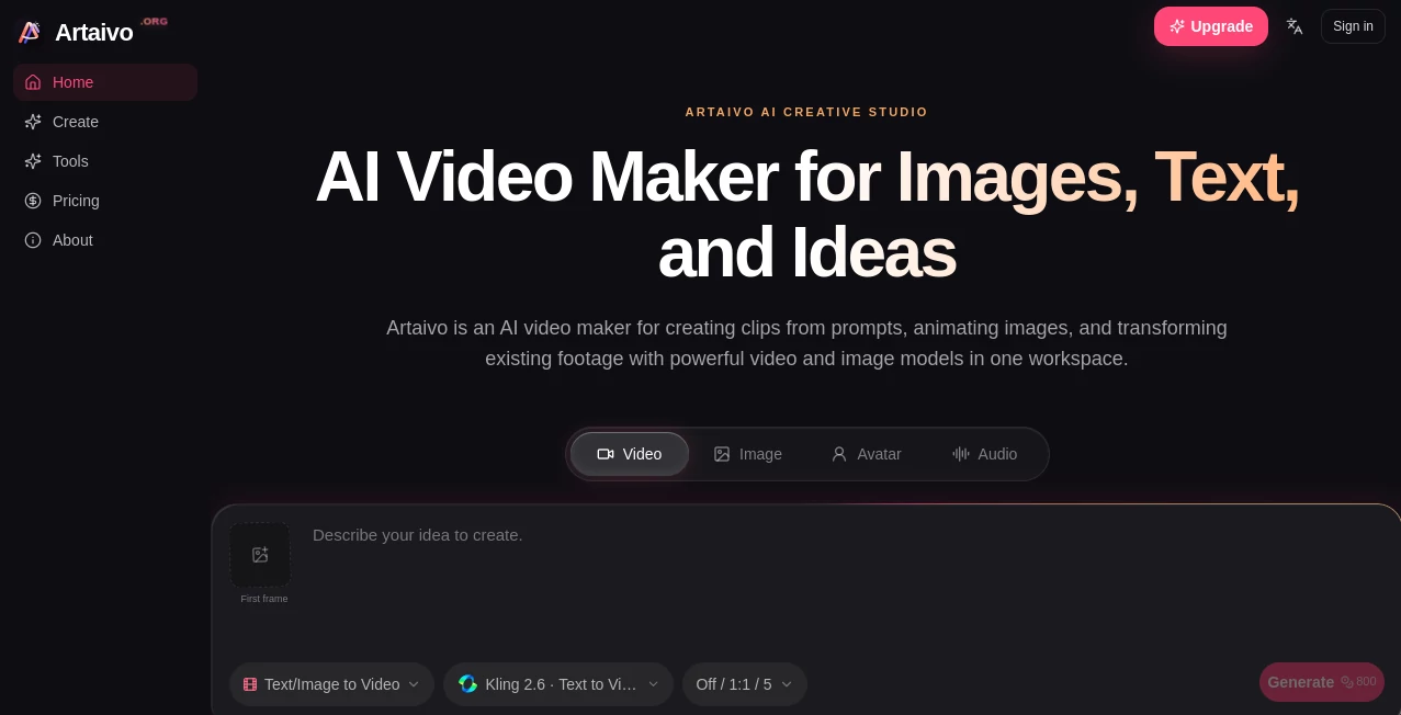 Screenshot of Artaivo – An AI tool in the ,AI Video to Video ,AI Image to Video ,AI Avatar Generator ,AI Video Generator  category, showcasing its interface and key features.