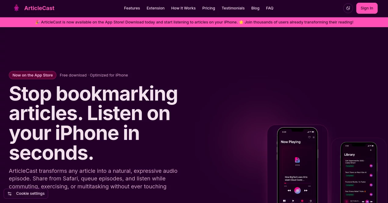 Screenshot of ArticleCast – An AI tool in the ,AI Transcriber ,AI Content Generator ,AI Text to Speech ,AI Podcast Assistant  category, showcasing its interface and key features.
