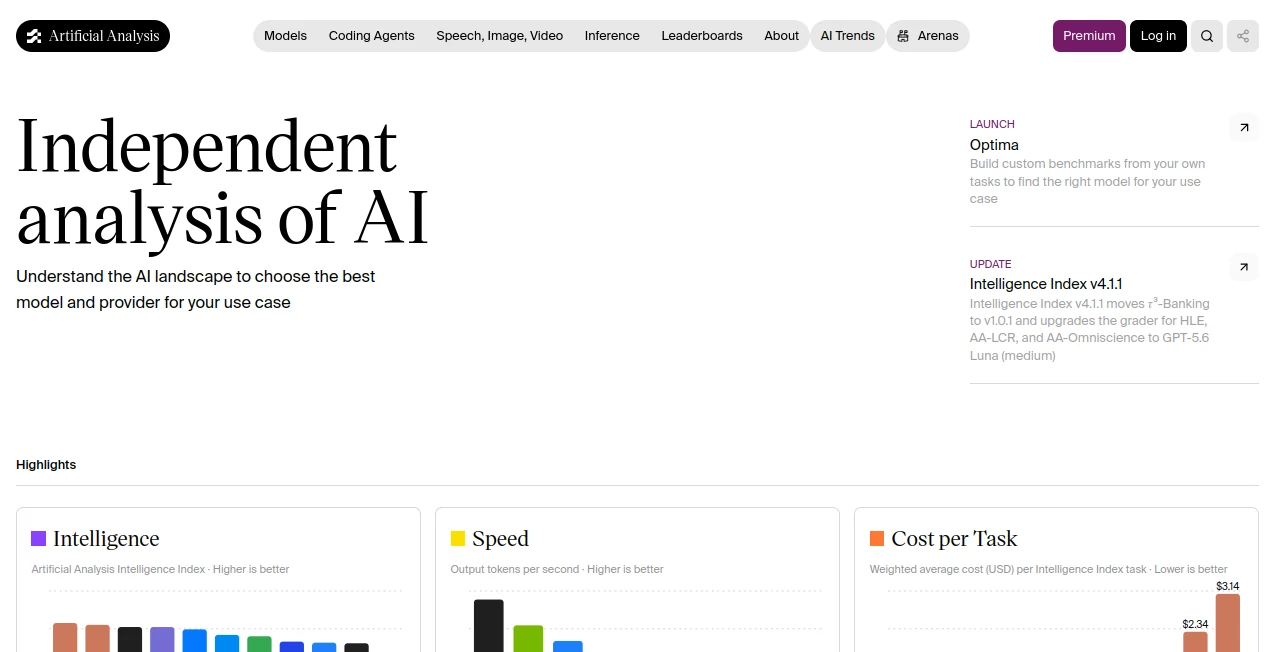 Screenshot of Artificial Analysis – An AI tool in the ,Large Language Models (LLMs) ,AI Testing & QA ,AI Research Tool ,AI Analytics Assistant  category, showcasing its interface and key features.