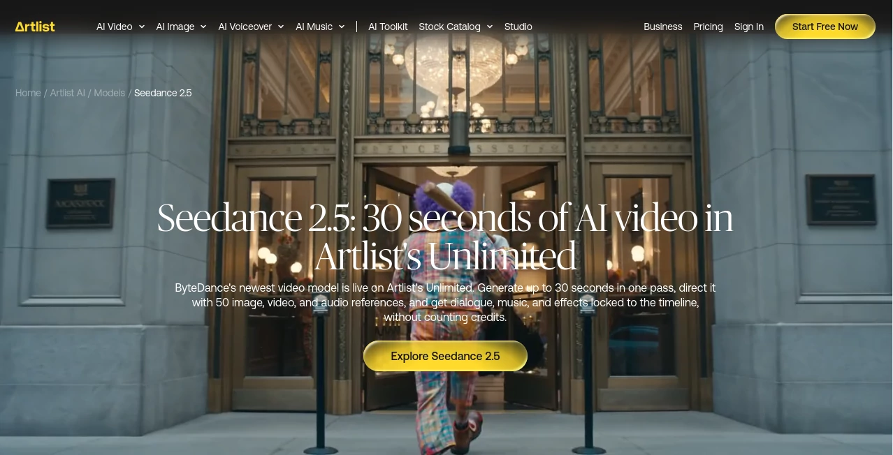 Screenshot of Artlist Seedance 2.5 – An AI tool in the ,AI Video to Video ,AI Image to Video ,AI Video Generator ,AI Text to Video  category, showcasing its interface and key features.