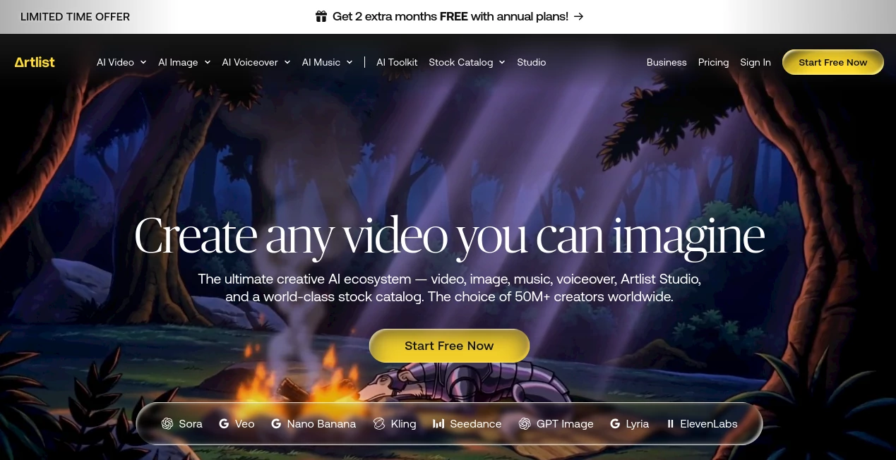 Screenshot of Artlist – An AI tool in the ,AI Music Video Generator ,AI Video Editor ,AI Audio Enhancer ,AI Music Generator  category, showcasing its interface and key features.