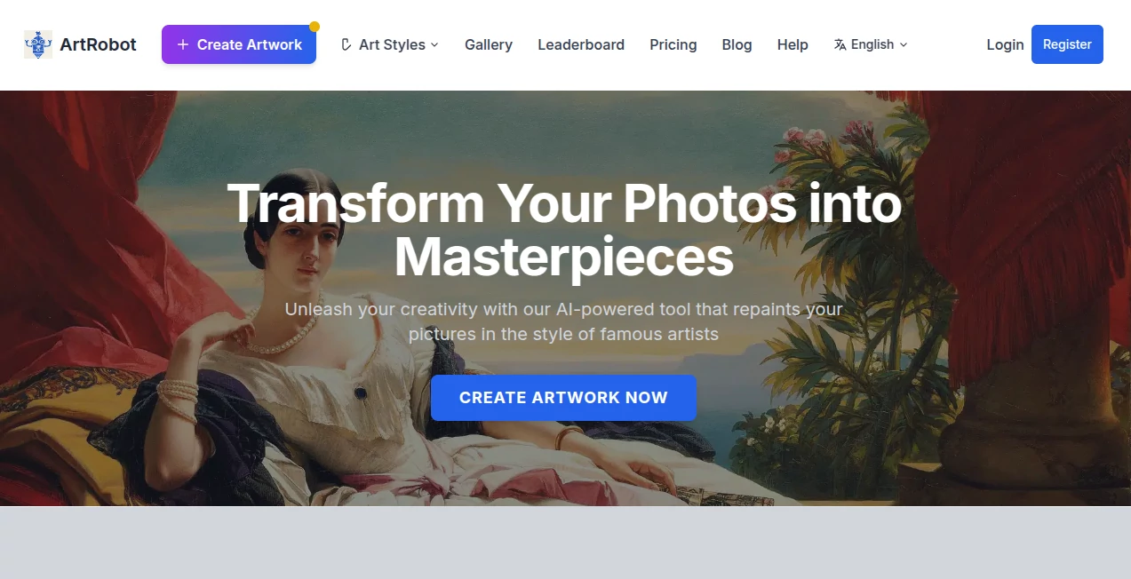 Screenshot of ArtRobot – An AI tool in the ,AI Photo & Image Generator ,AI Avatar Generator ,AI Art Generator ,AI Image to Image  category, showcasing its interface and key features.