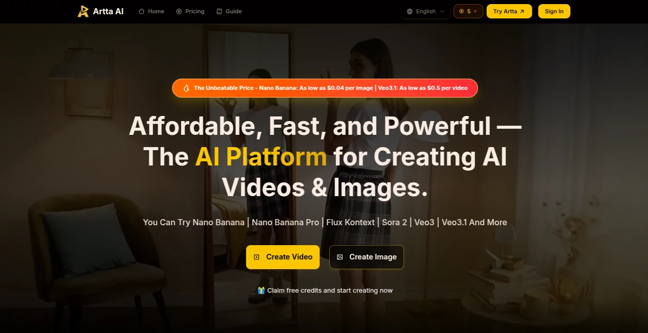 Screenshot of Artta AI – An AI tool in the ,AI Animated Video ,AI Image to Video ,AI Video Generator ,AI Text to Video  category, showcasing its interface and key features.