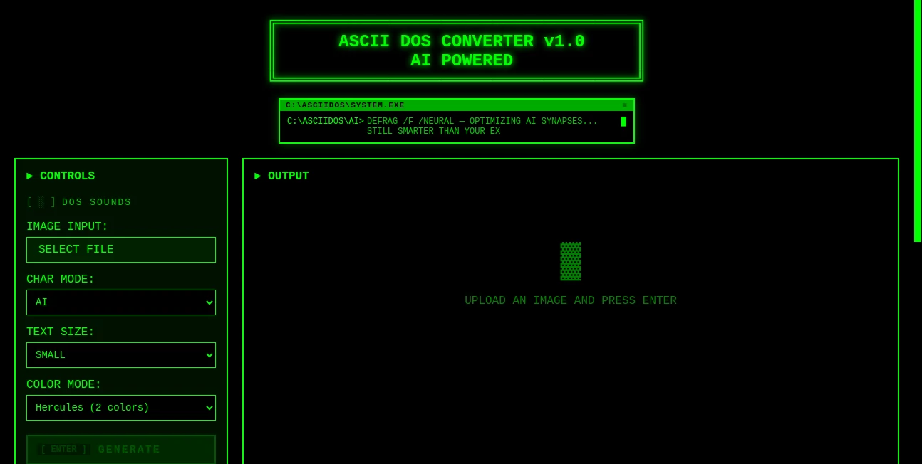 Screenshot of ASCII DOS CONVERTER – An AI tool in the ,AI Photo & Image Generator ,AI Image to Image ,AI Art Generator  category, showcasing its interface and key features.