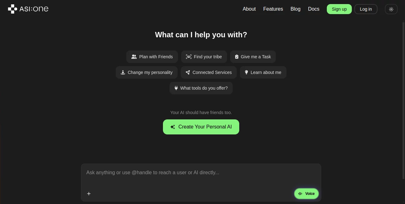 Screenshot of ASI:One – An AI tool in the ,AI Voice Assistants ,AI Chatbot ,AI Life Assistant  category, showcasing its interface and key features.