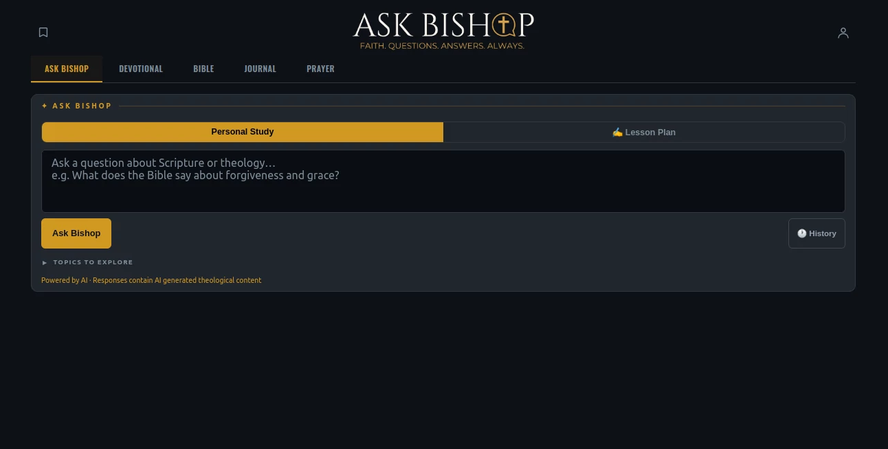 Screenshot of Ask Bishop – An AI tool in the ,AI Life Assistant ,AI Religion ,AI Education Assistant ,Other  category, showcasing its interface and key features.