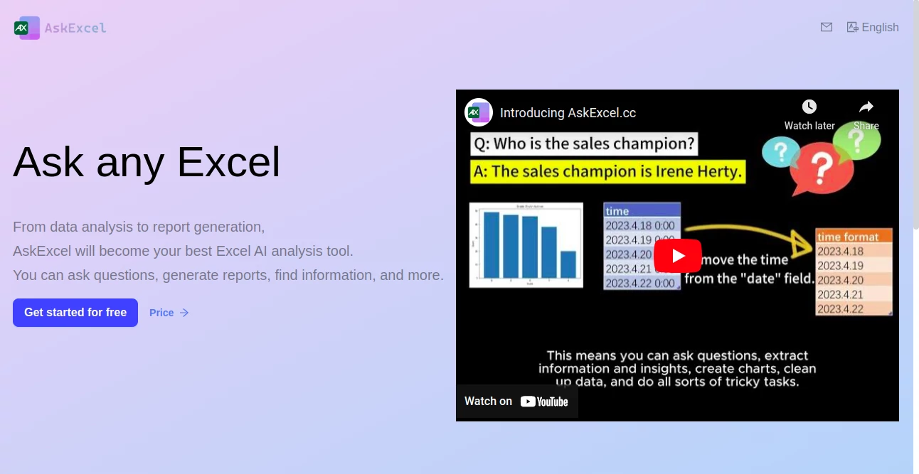 Screenshot of AskExcel – An AI tool in the ,AI Research Tool ,AI Productivity Tools ,AI Homework Helper ,AI Spreadsheet  category, showcasing its interface and key features.