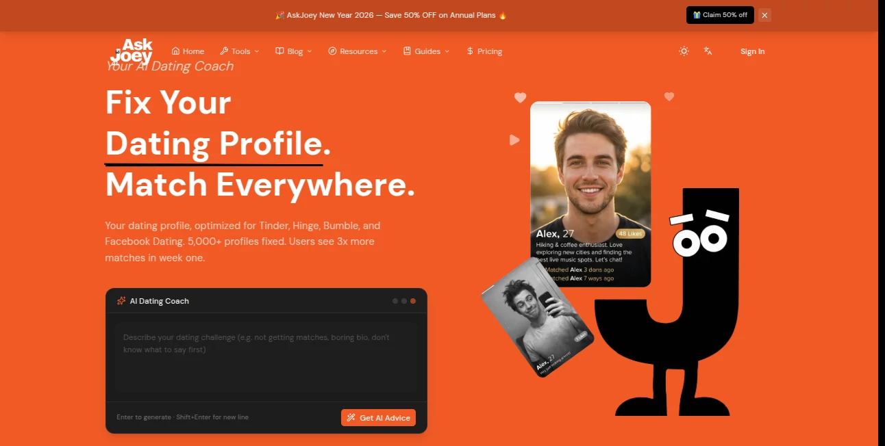 Screenshot of askjoey – An AI tool in the ,AI Life Assistant ,AI Fun Tools ,AI Dating Assistant  category, showcasing its interface and key features.