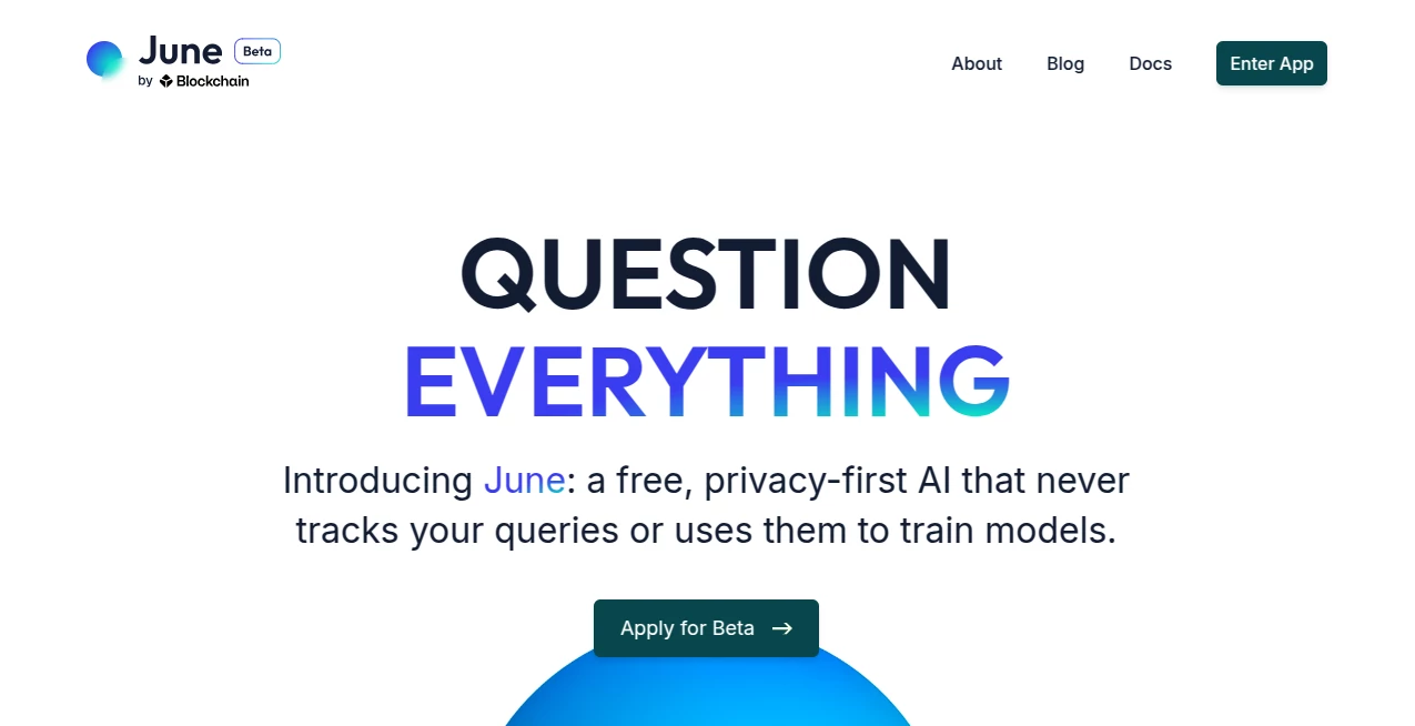 Screenshot of June – An AI tool in the ,AI Blockchain ,Large Language Models (LLMs) ,AI Chatbot ,Web3  category, showcasing its interface and key features.