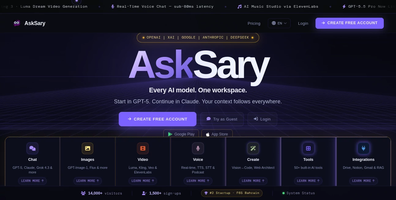 Screenshot of AskSary – An AI tool in the ,AI Voice Assistants ,AI Chatbot ,AI Design Generator ,AI Productivity Tools  category, showcasing its interface and key features.