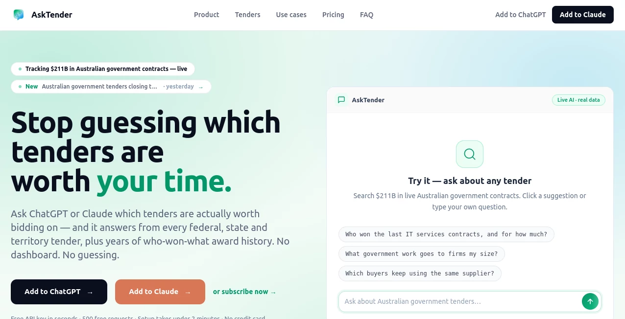 Screenshot of AskTender – An AI tool in the ,AI API Design ,AI Research Tool ,AI Business Ideas Generator ,AI Productivity Tools  category, showcasing its interface and key features.