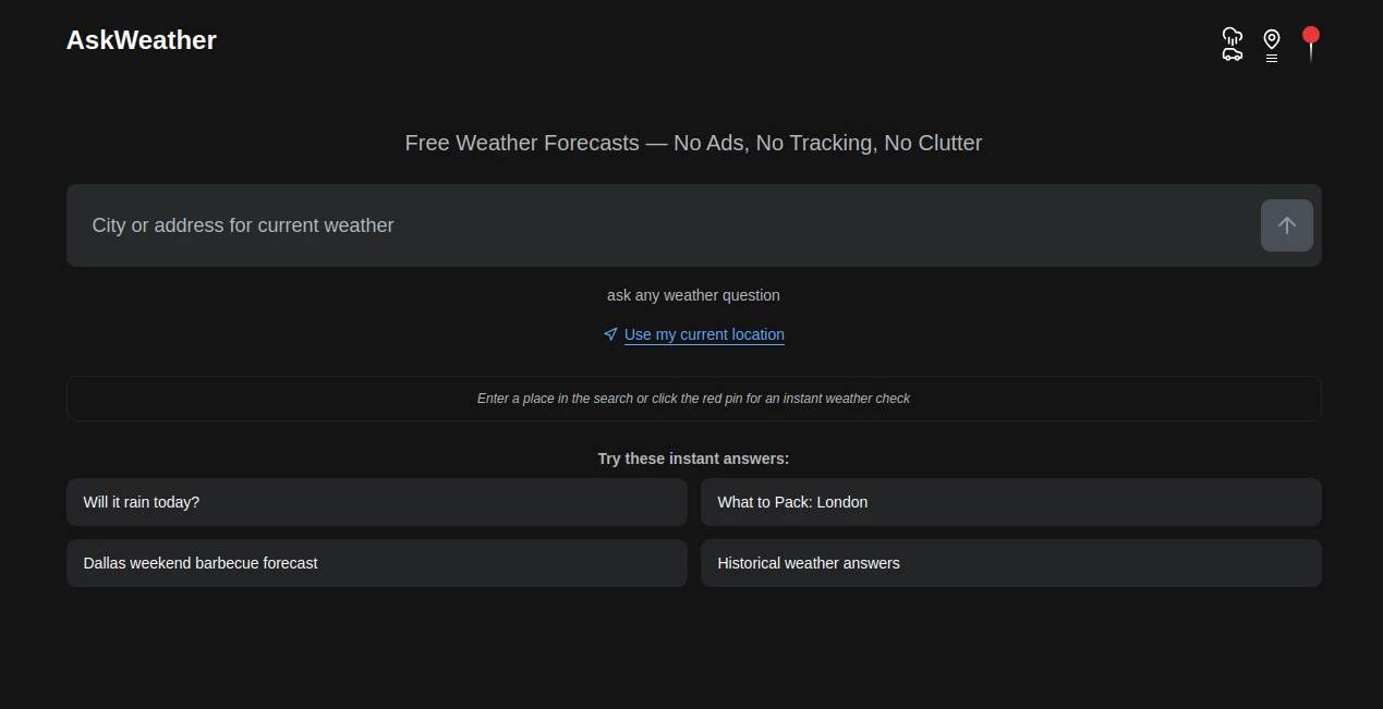 Screenshot of AskWeather – An AI tool in the ,AI Analytics Assistant ,AI Trip Planner ,AI Life Assistant ,AI Productivity Tools  category, showcasing its interface and key features.
