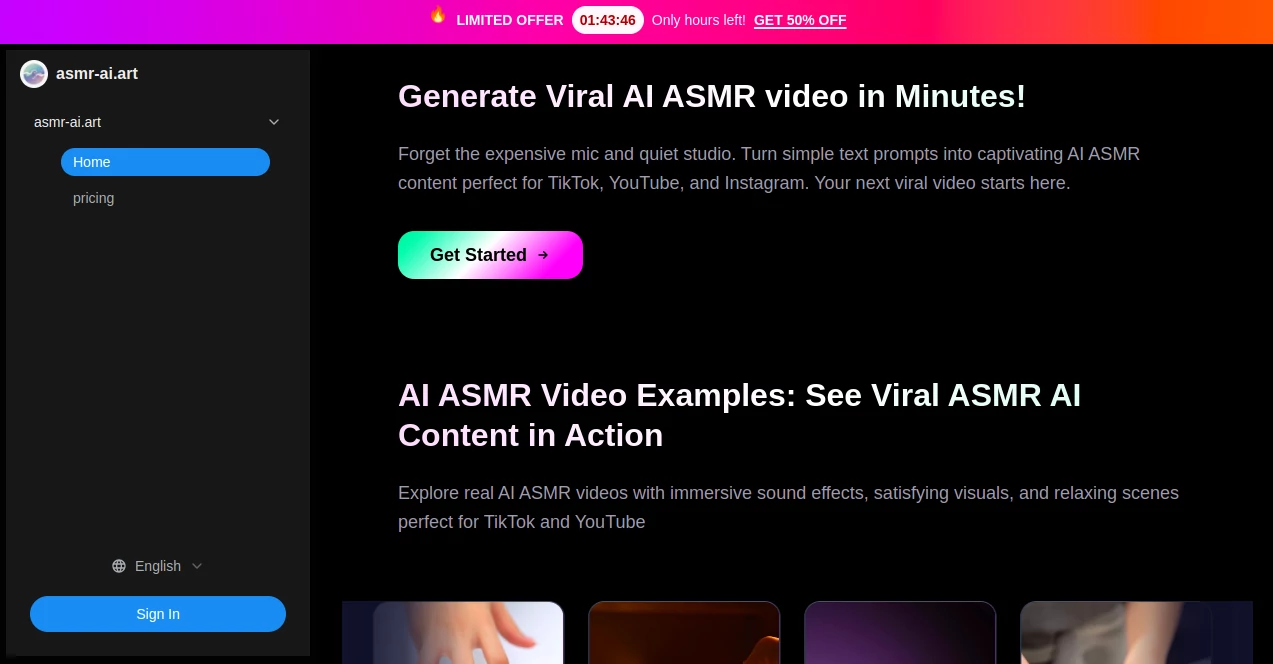 Screenshot of asmr-ai.art – An AI tool in the ,AI Animated Video ,AI Music Video Generator ,AI Video Generator ,AI Text to Video  category, showcasing its interface and key features.