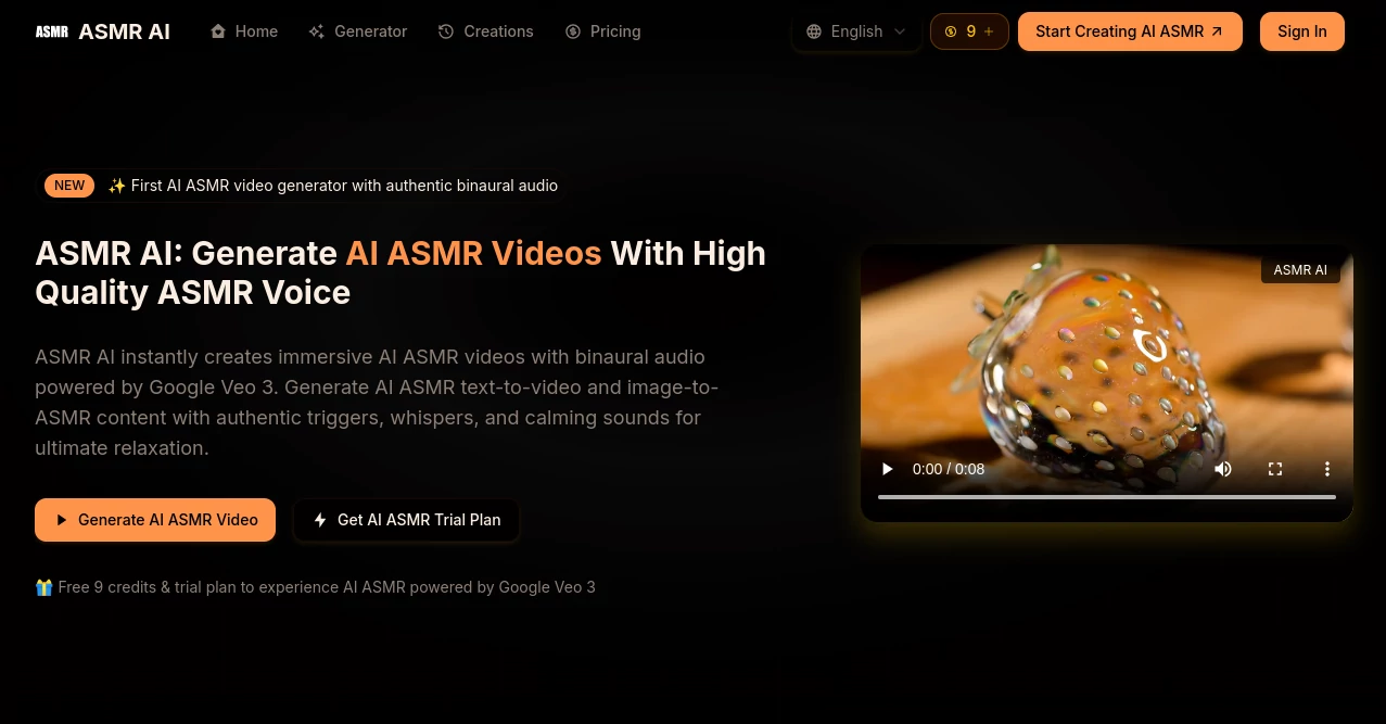 Screenshot of ASMR AI – An AI tool in the ,AI Creative Writing ,AI Life Assistant ,AI Mental Health ,AI Voice & Audio Editing  category, showcasing its interface and key features.