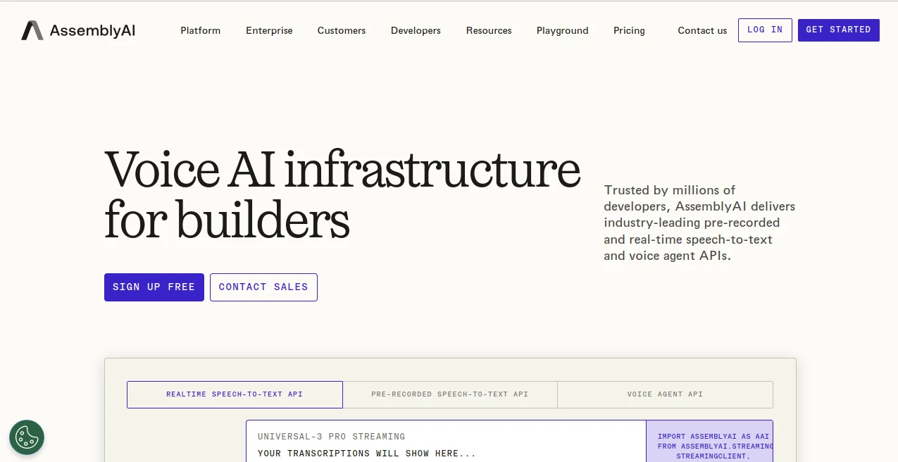 Screenshot of AssemblyAI – An AI tool in the ,AI API Design ,AI Speech Recognition ,AI Speech to Text ,AI Voice & Audio Editing  category, showcasing its interface and key features.