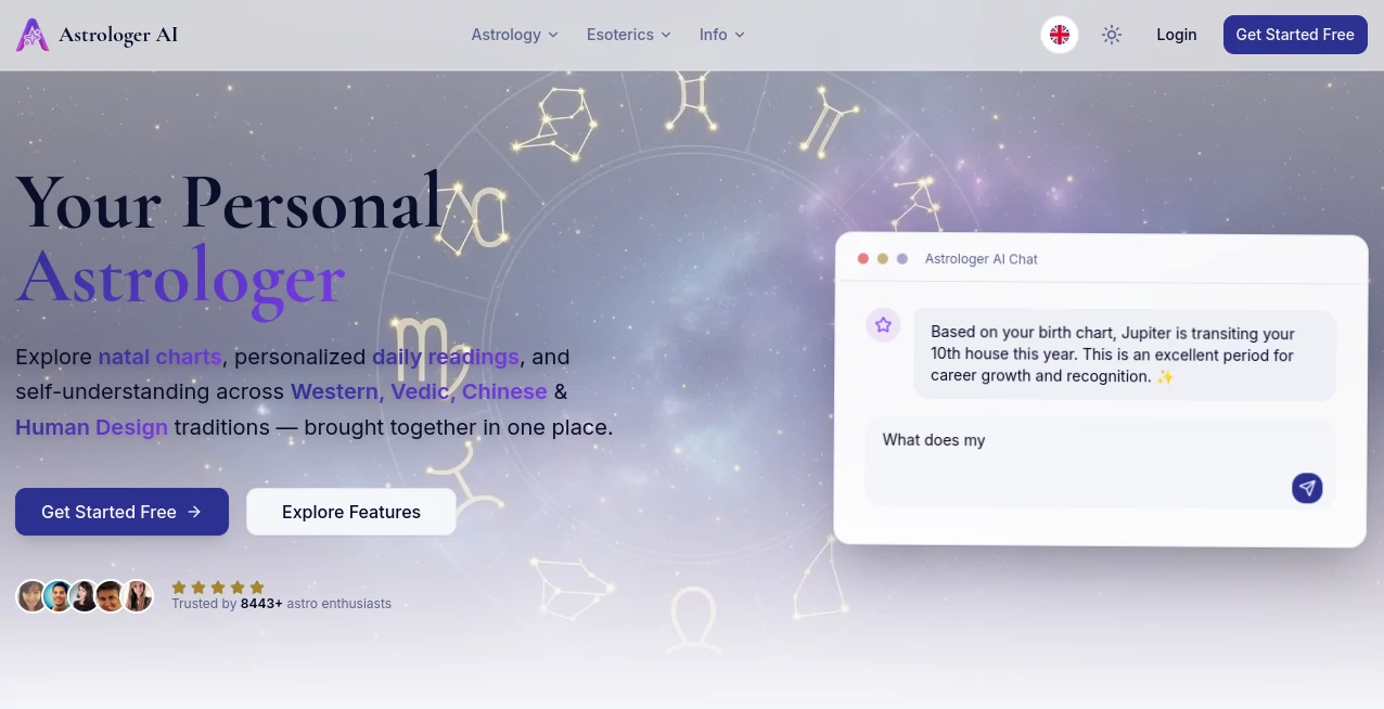 Screenshot of Astrologer AI – An AI tool in the ,AI Life Assistant ,AI Fun Tools ,AI Religion  category, showcasing its interface and key features.