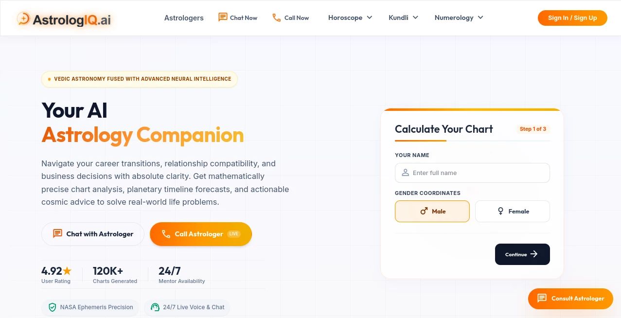 Screenshot of AstrologIQ.ai – An AI tool in the ,AI Chatbot ,AI Life Assistant ,AI Mental Health ,AI Coaching  category, showcasing its interface and key features.