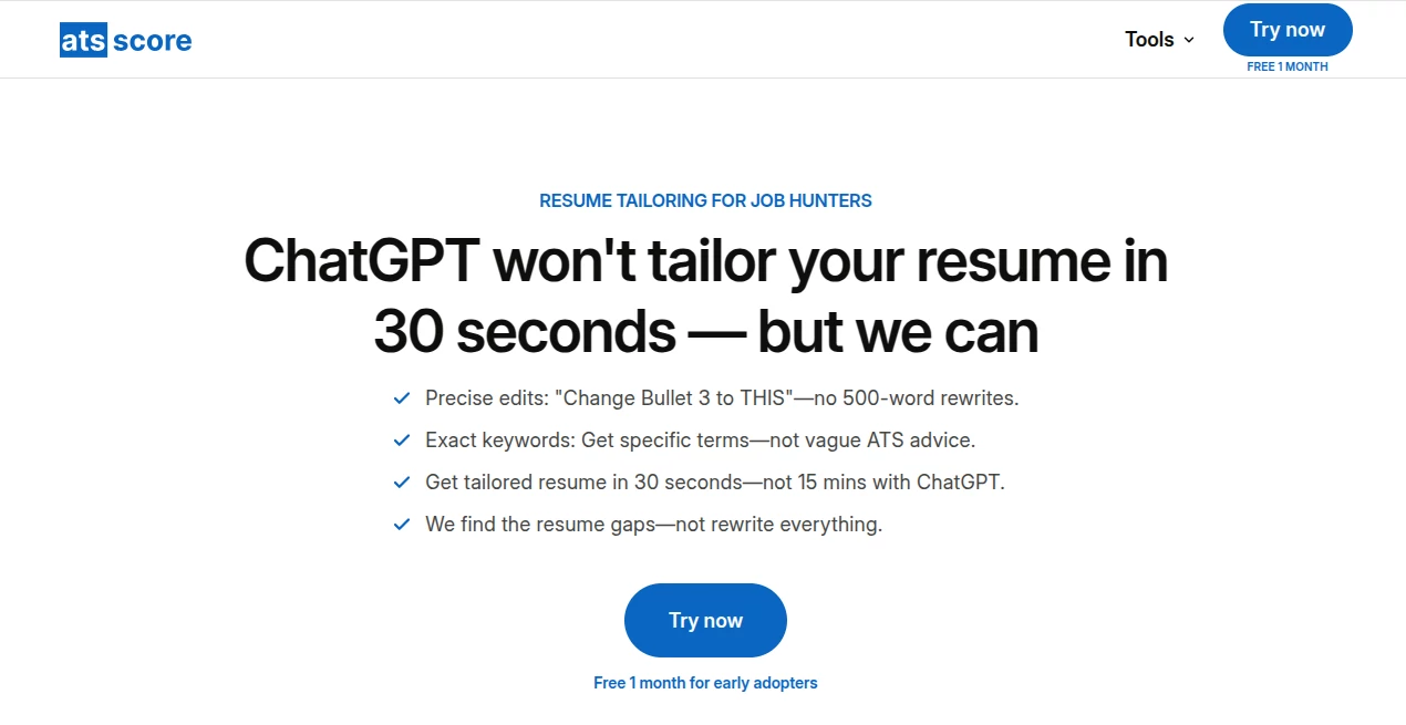Screenshot of ATSScores – An AI tool in the ,AI Resume Builder  category, showcasing its interface and key features.