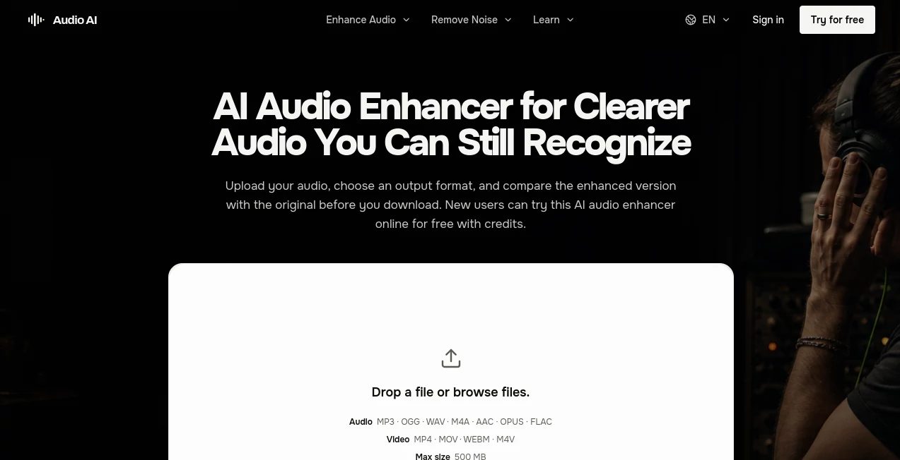 Screenshot of Audio AI – An AI tool in the ,AI Noise Cancellation ,AI Podcast Assistant ,AI Audio Enhancer ,AI Voice & Audio Editing  category, showcasing its interface and key features.
