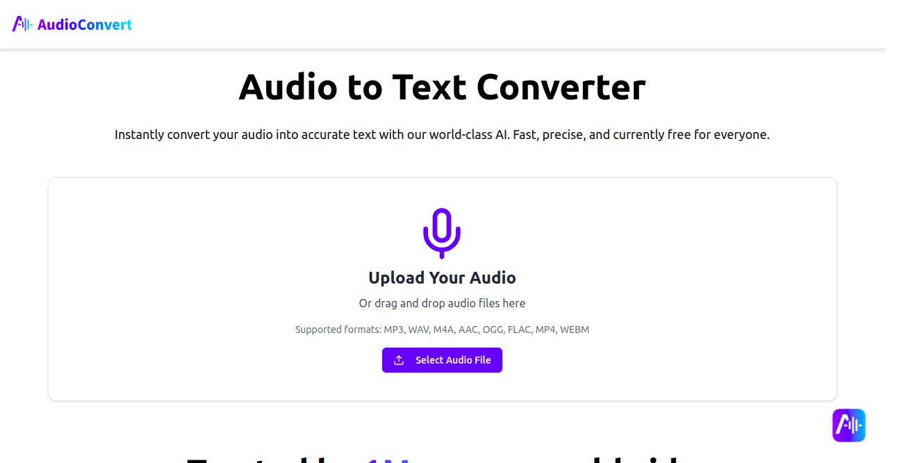 Screenshot of audioconvert – An AI tool in the ,AI Audio Enhancer ,AI Productivity Tools ,AI Transcription ,AI Speech to Text  category, showcasing its interface and key features.